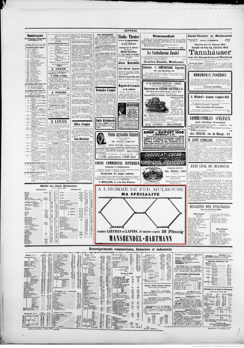 Journal L'Express de Mulhouse du 12 février 1892 (p.4) : grillage contre lièvres et lapins.